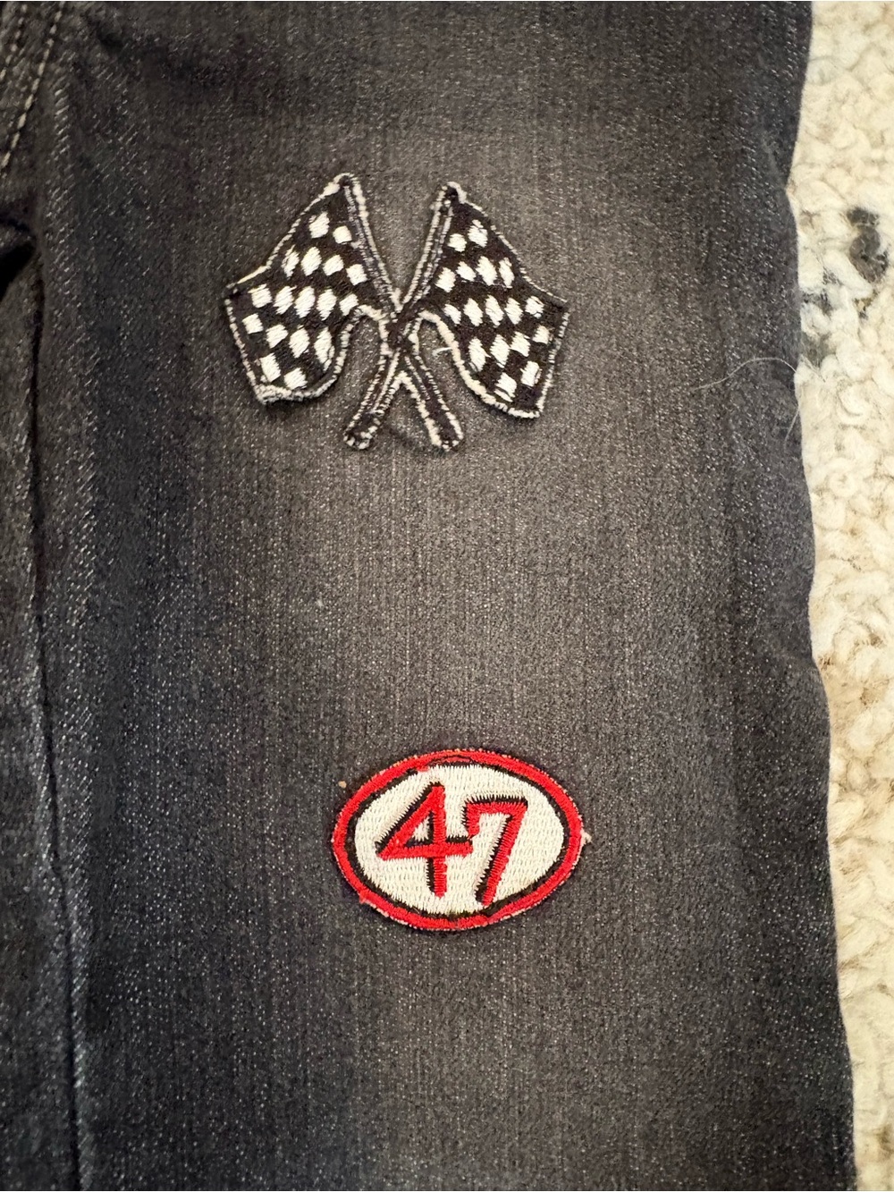 Wrangler Black Jeans with Racing Flag & Red '47' Patch
